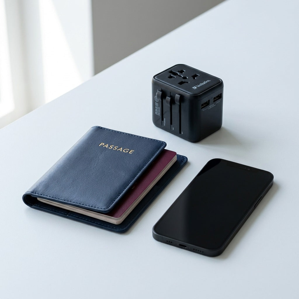 Compact black Verbatim UTA-01 travel adapter next to a smartphone and passport for scale.