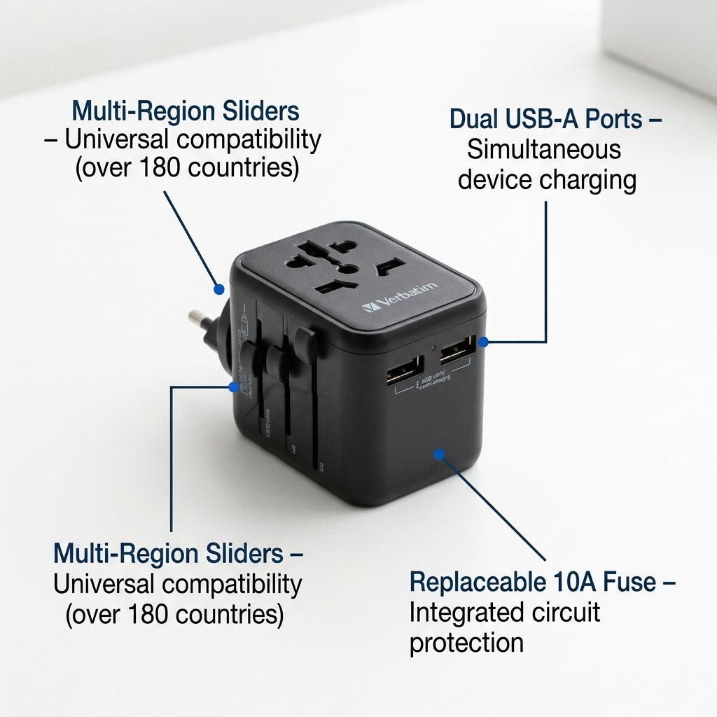 Verbatim UTA-01 travel adapter showing USB-A ports, 10A fuse, and multi-region sliders.