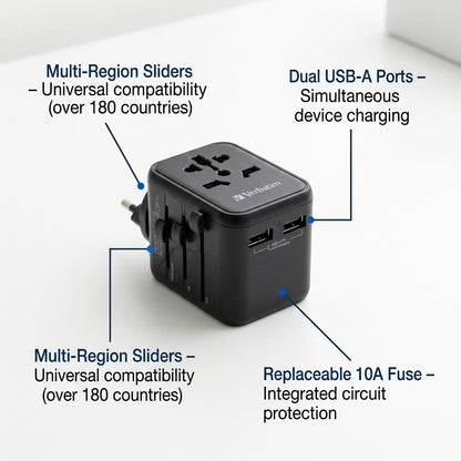 Verbatim UTA-01 travel adapter showing USB-A ports, 10A fuse, and multi-region sliders.