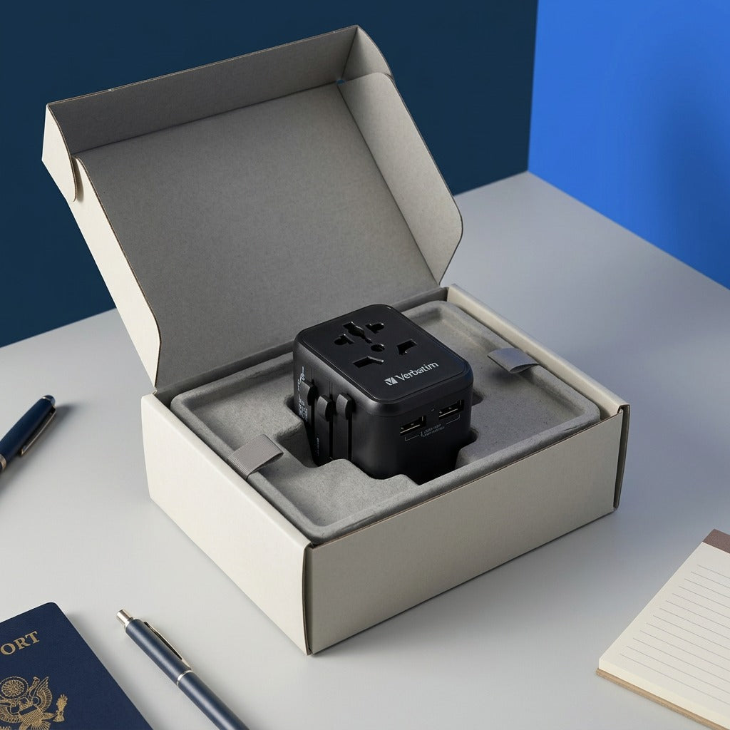 Verbatim UTA-01 Universal Travel Adapter in matte black, securely unboxed in protective packaging.