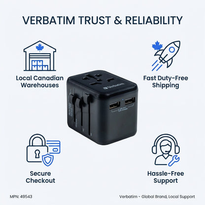 Verbatim UTA-01 Travel Adapter trust infographic showing Canadian shipping and support features.