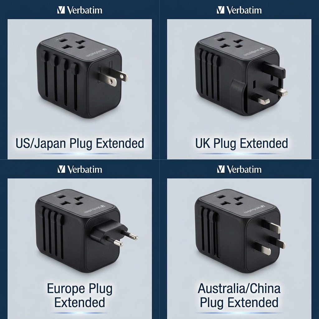 Verbatim UTA-01 travel adapter grid showing US, UK, Europe, and Australia plug configurations.