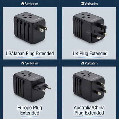 Verbatim UTA-01 travel adapter grid showing US, UK, Europe, and Australia plug configurations.
