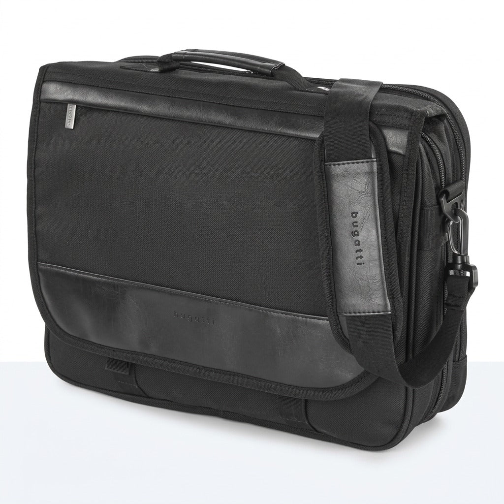 Bugatti Gregory The Associate Briefcase in black vegan leather with padded shoulder strap.
