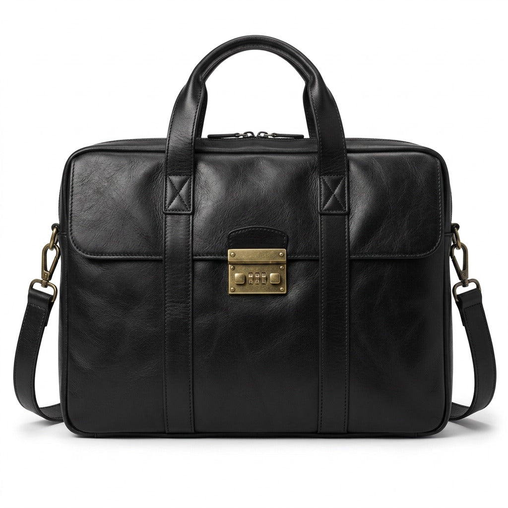 Black Mancini Porthole Leather Briefcase featuring brass-tone hardware and a secure combination lock.