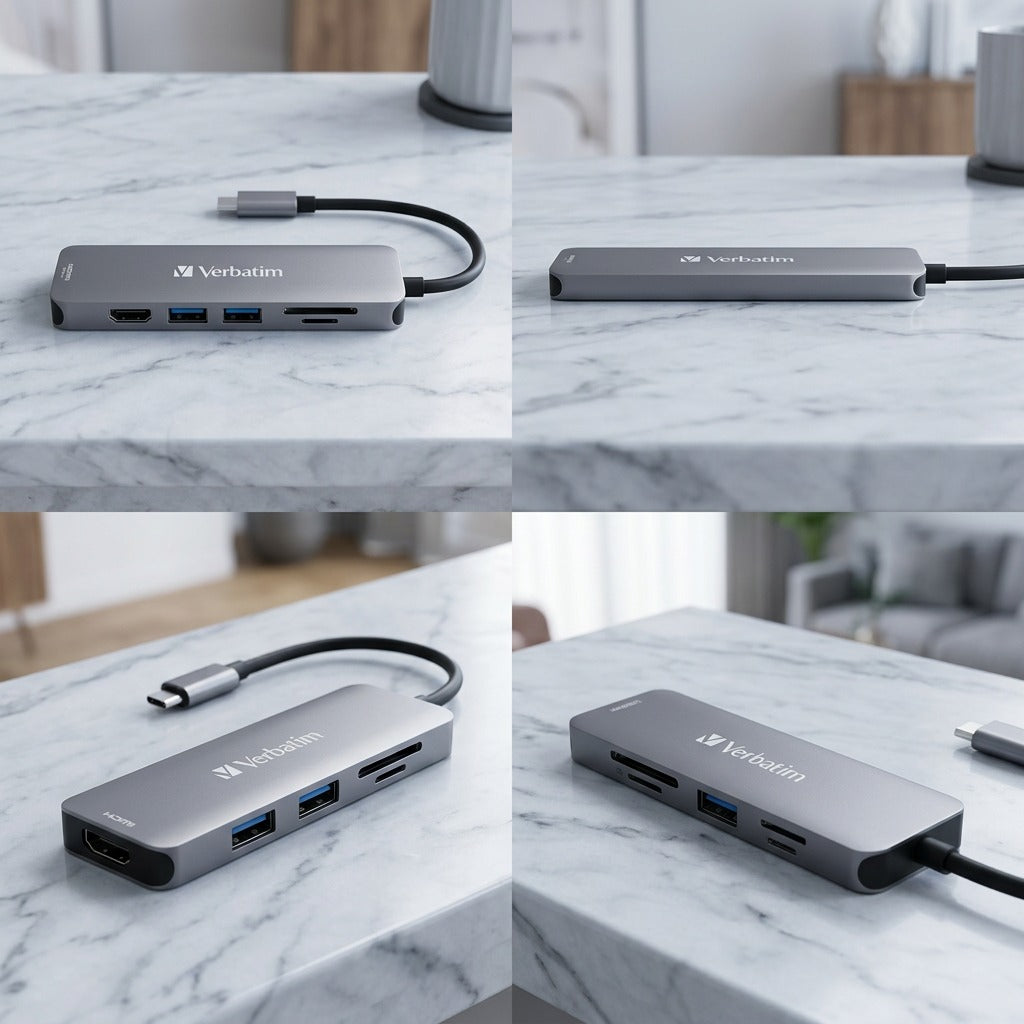 Verbatim 6-Port USB-C Multiport Hub displayed from four angles on a marble surface.