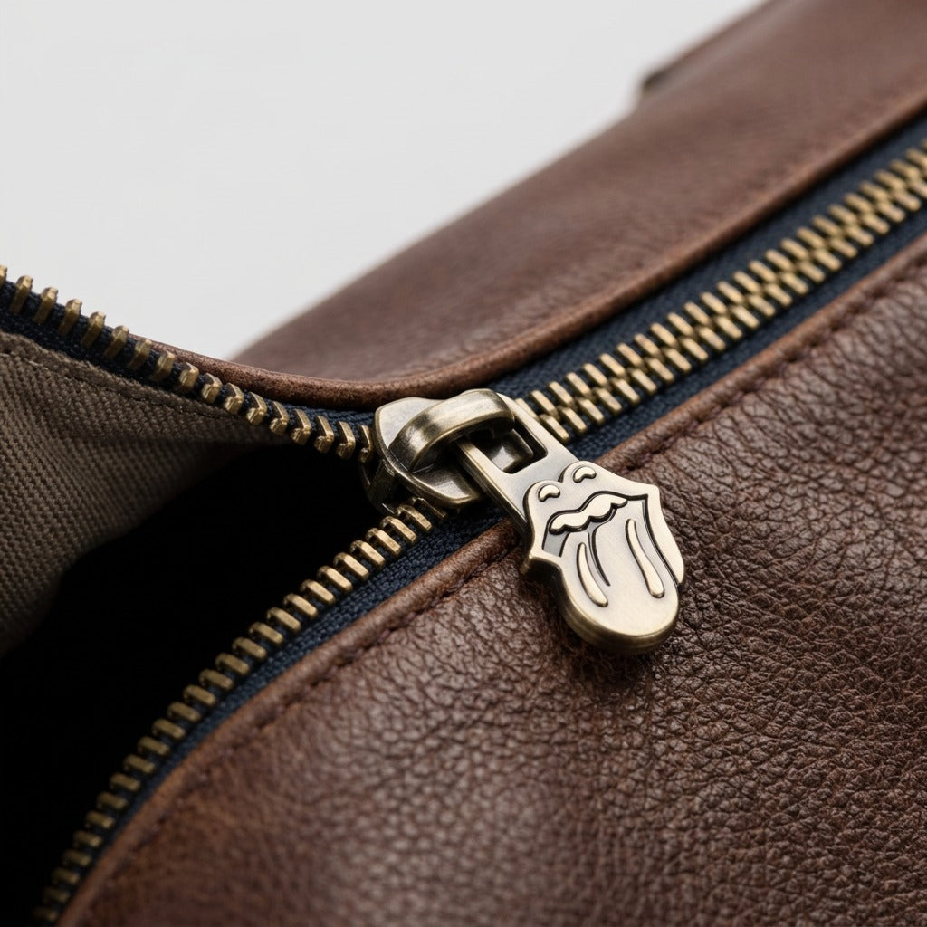 Macro detail of The Rolling Stones tongue logo zipper puller on Bugatti brown leather duffle bag.