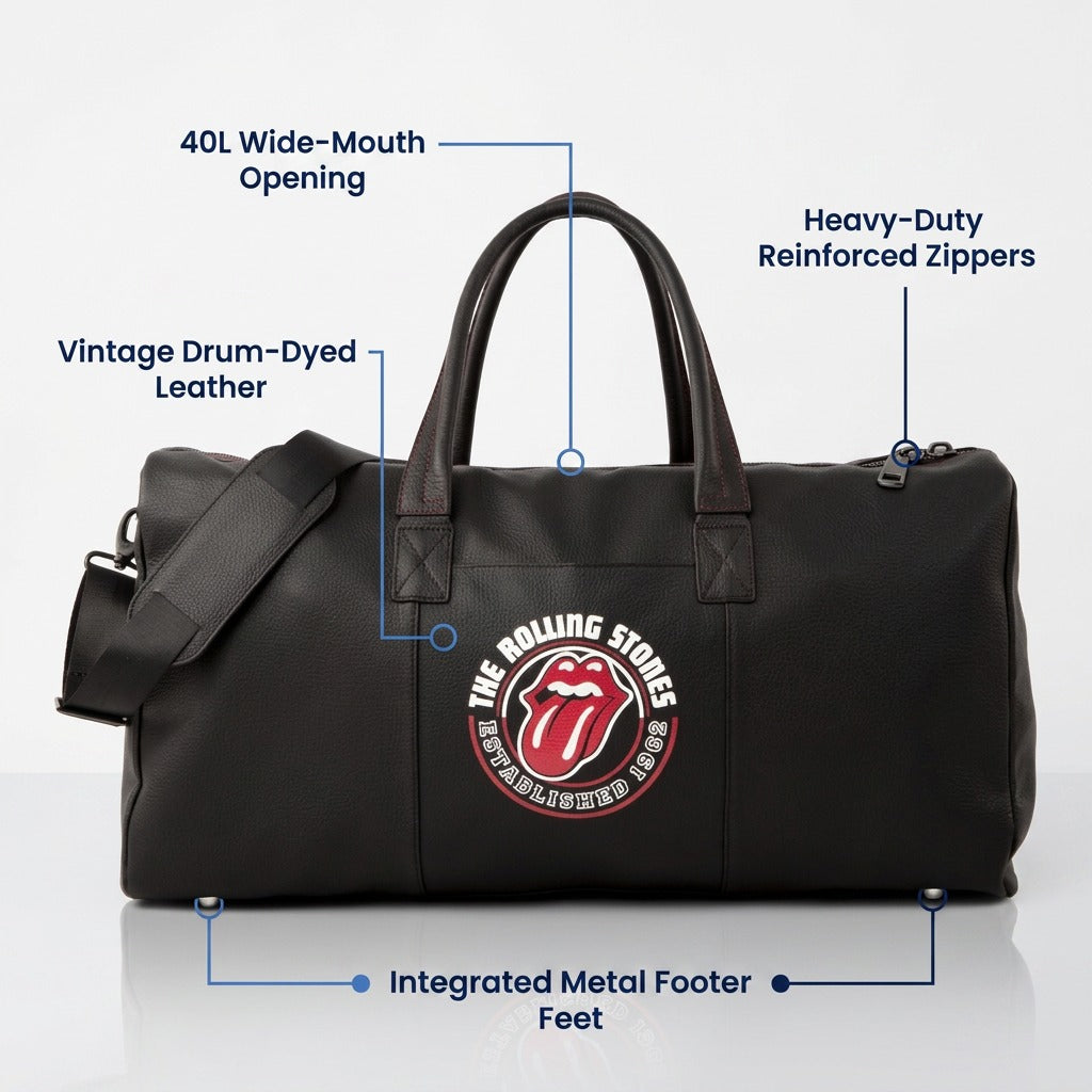 Bugatti Watts Rolling Stones leather duffle bag with feature callouts for zippers and quality leather.