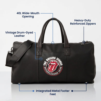 Bugatti Watts Rolling Stones leather duffle bag with feature callouts for zippers and quality leather.