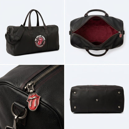 Four-view grid of the Bugatti Rolling Stones leather duffle bag showing exterior, interior, and hardware.