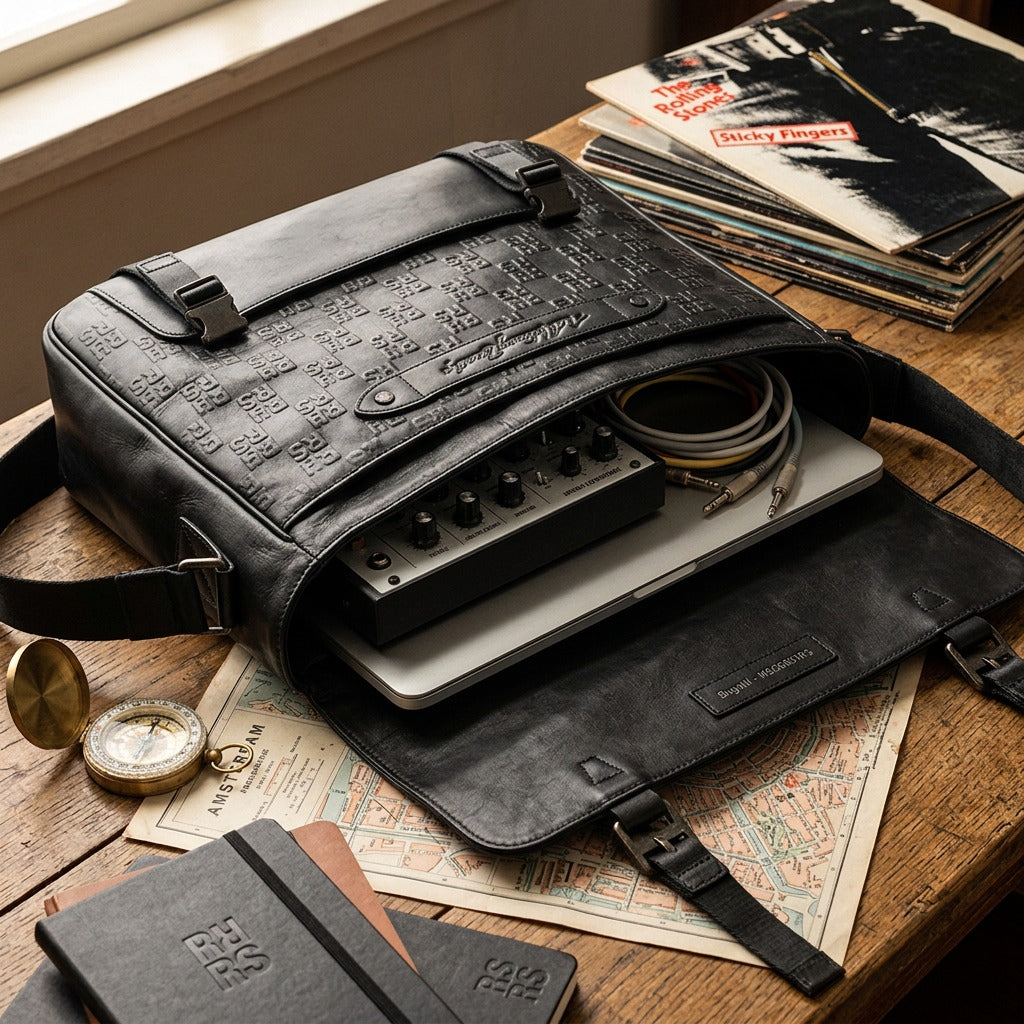 Bugatti Rolling Stones black leather messenger bag, open to show laptop and audio gear on a desk.