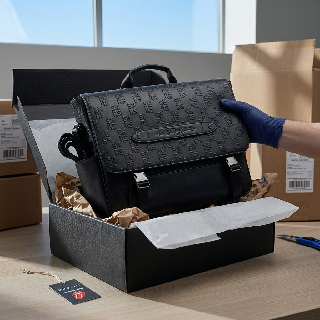 Bugatti The Rolling Stones leather messenger bag being unboxed from a premium black shipping box.