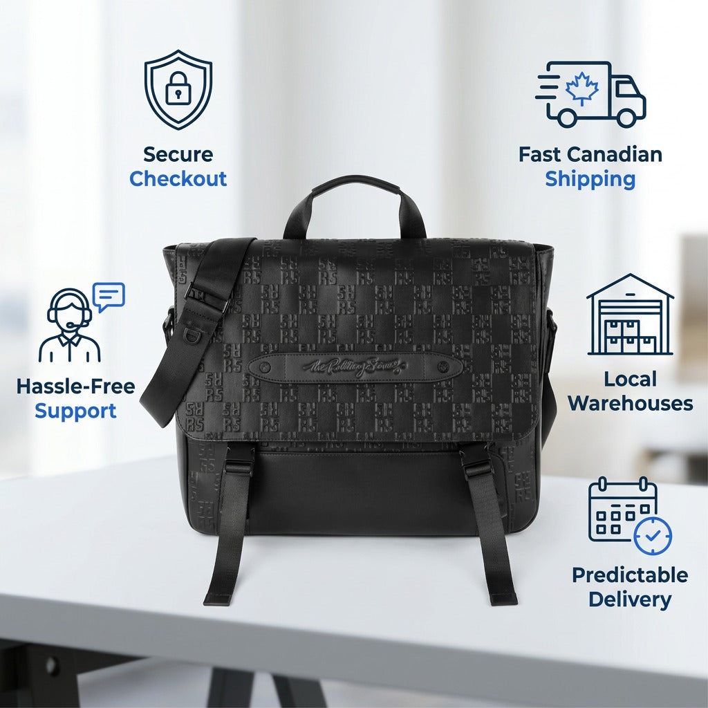 Bugatti Rolling Stones Messenger Bag with trust icons for Secure Checkout and Fast Canadian Shipping.