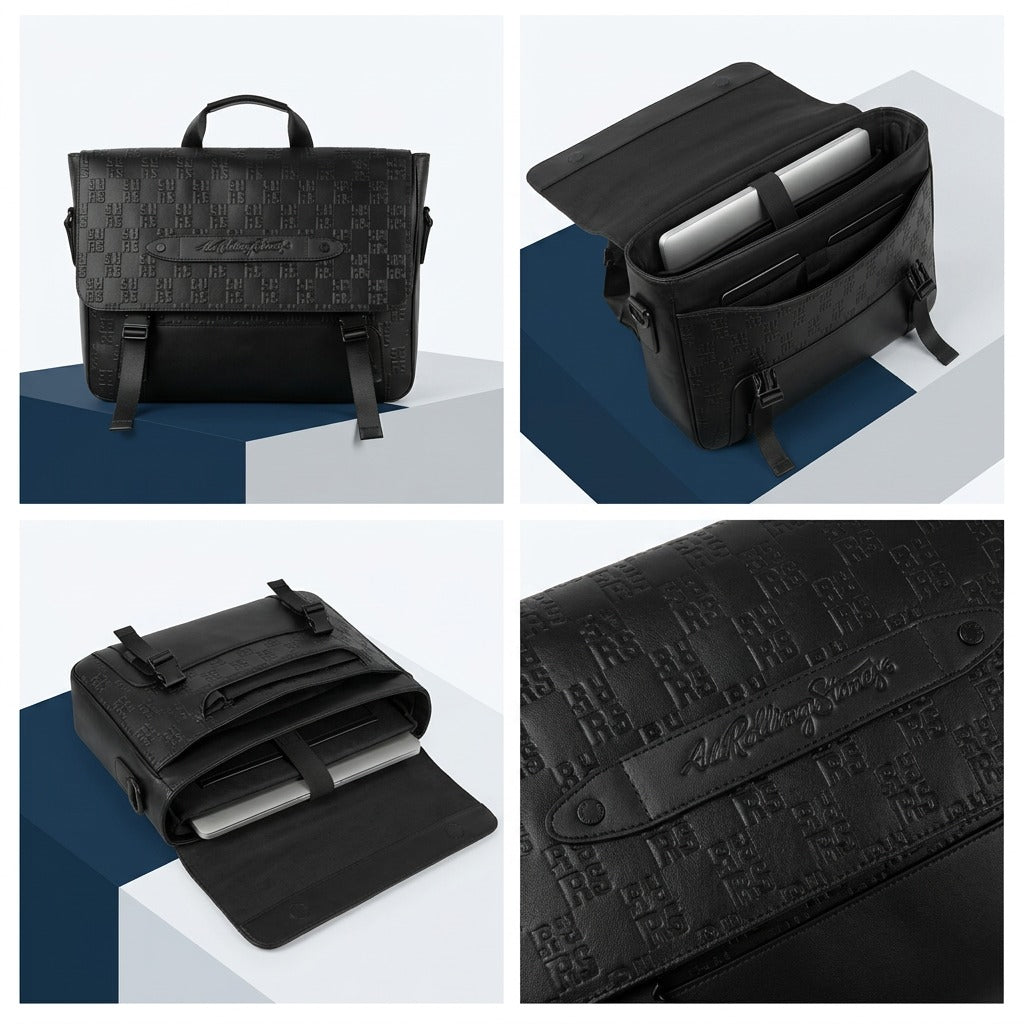 Multiple views of the Bugatti Rolling Stones leather messenger bag, showing its laptop compartment.