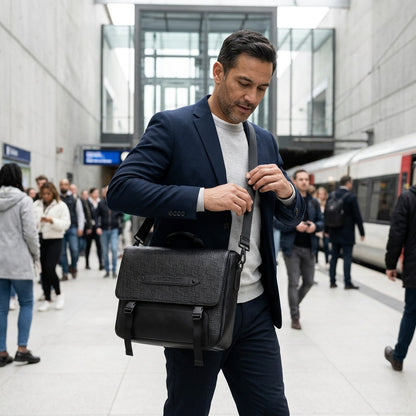 Professional in a navy suit carrying the black leather Bugatti Rolling Stones messenger bag.