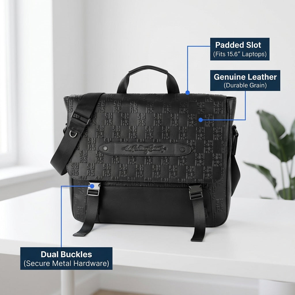 Bugatti black leather messenger bag featuring a padded laptop slot and dual metal buckle hardware.