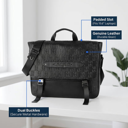 Bugatti black leather messenger bag featuring a padded laptop slot and dual metal buckle hardware.