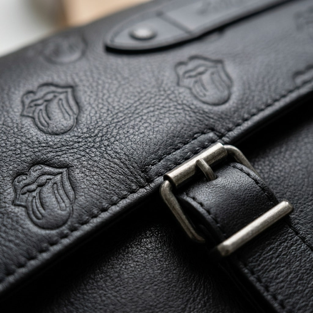 Macro detail of black leather Bugatti Rolling Stones messenger bag showing debossed tongue logos.
