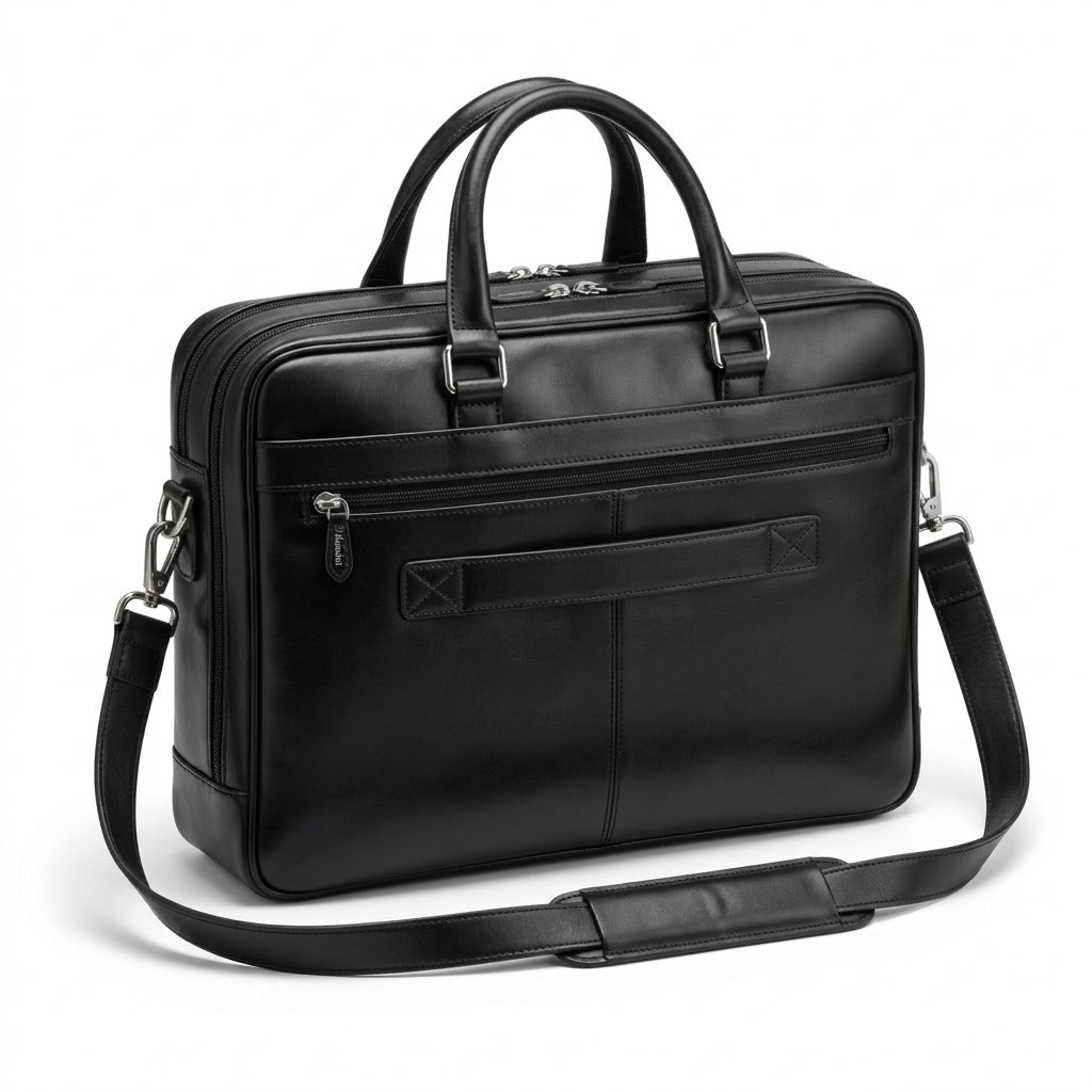 Mancini black top-grain leather double compartment briefcase for 15.6 inch laptops.