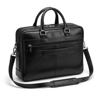 Mancini black top-grain leather double compartment briefcase for 15.6 inch laptops.