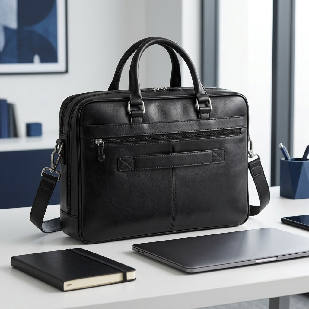 Mancini black leather briefcase on a white desk next to a laptop and notebook for scale reference.