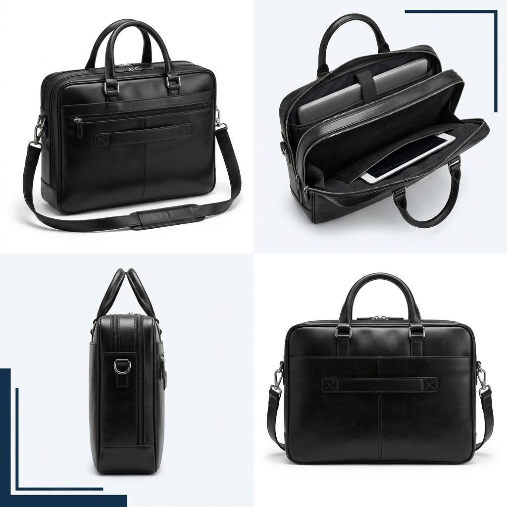 Four-view matrix of the Mancini black leather double briefcase showing front, side, and open views.