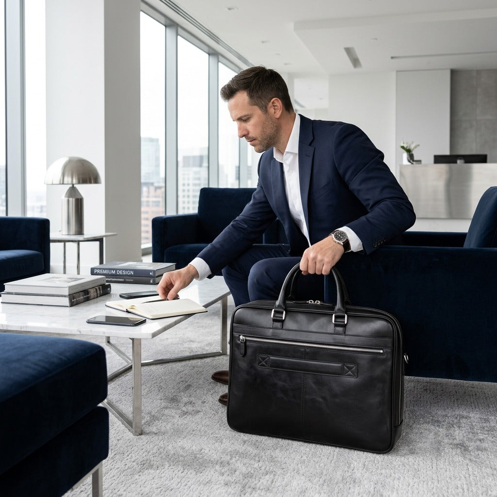 Professional in a navy suit holding a black Mancini leather briefcase in a modern executive lounge.