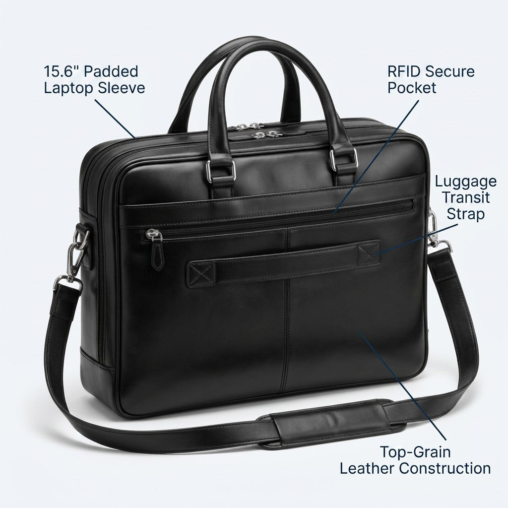 Black Mancini leather briefcase featuring a padded laptop sleeve, RFID pocket, and luggage strap.