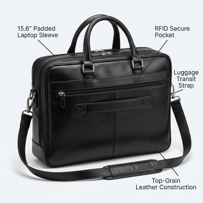 Black Mancini leather briefcase featuring a padded laptop sleeve, RFID pocket, and luggage strap.