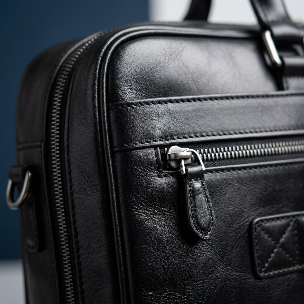 Macro detail of Mancini black top-grain leather briefcase showing stitching and a metal zipper.