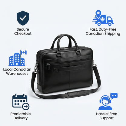 Trust infographic for the Mancini Black Leather Briefcase featuring shipping and service icons.