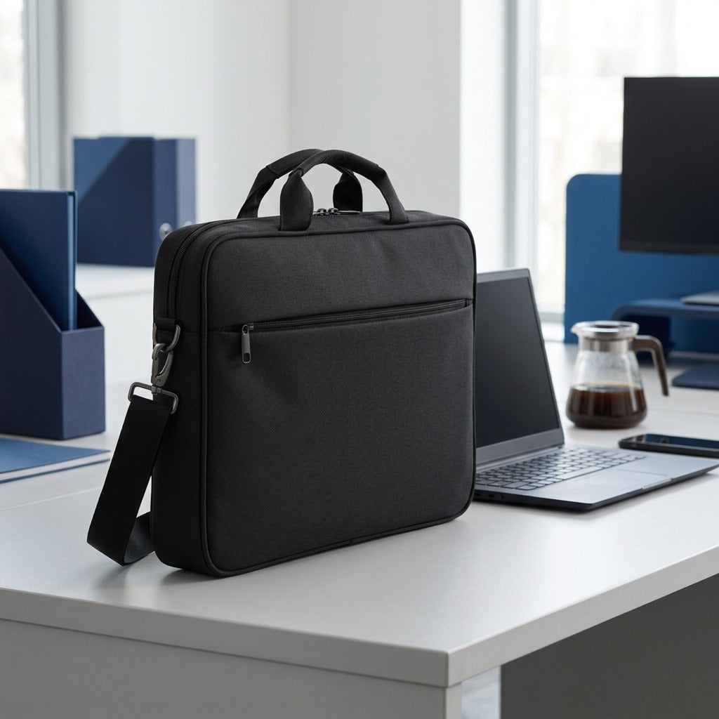 Black Nextech Nxt Poly 15.6 Inch Laptop Bag shown for scale on a desk next to a laptop and carafe.