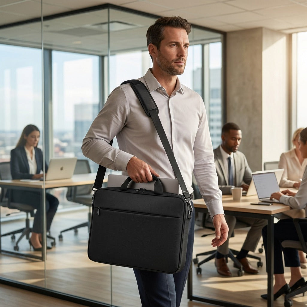Professional man carrying the black Nextech Nxt Poly 15.6 Laptop Bag in a bright, modern office.