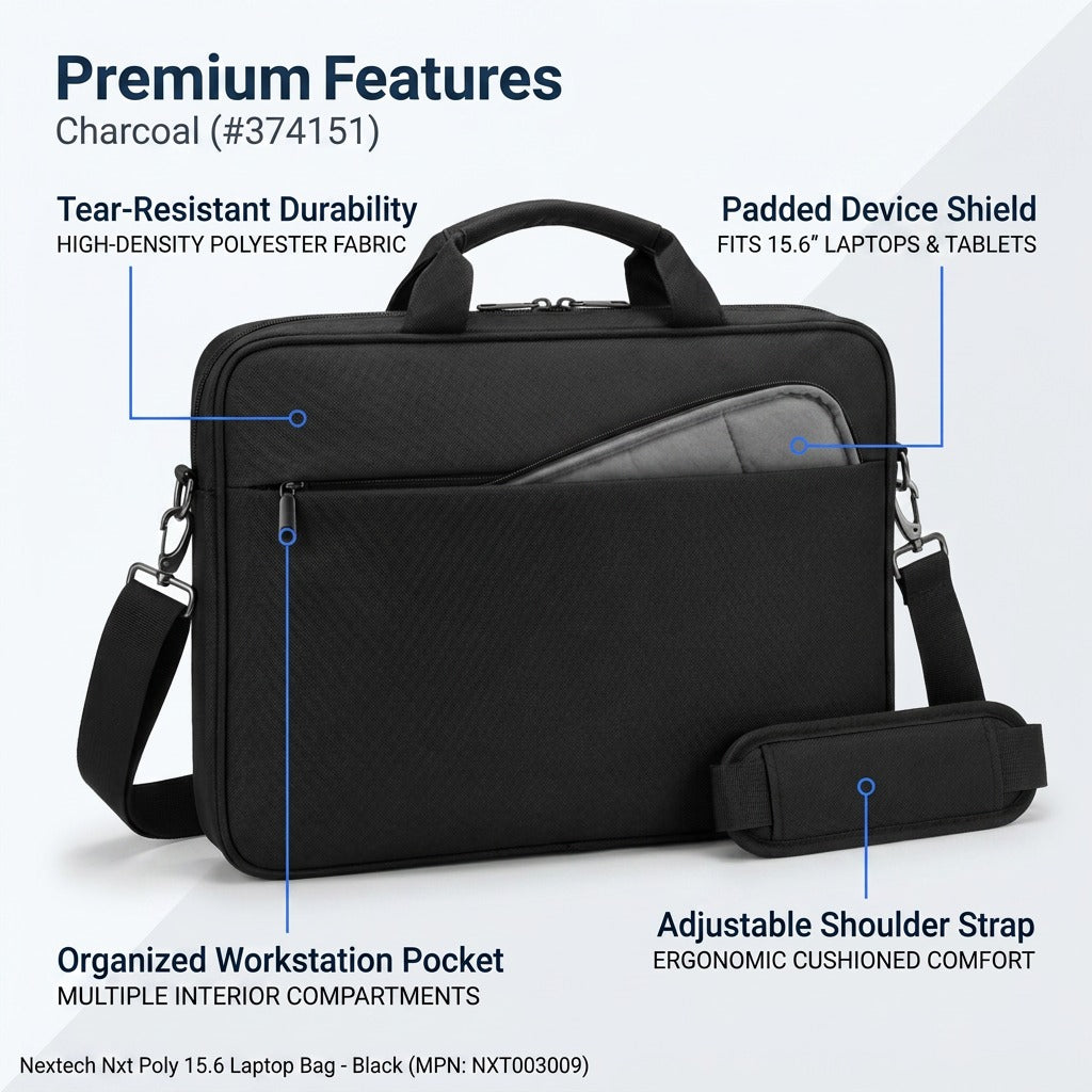 Nextech Nxt Poly 15.6 inch black laptop bag with callouts for tear-resistant fabric and padding.