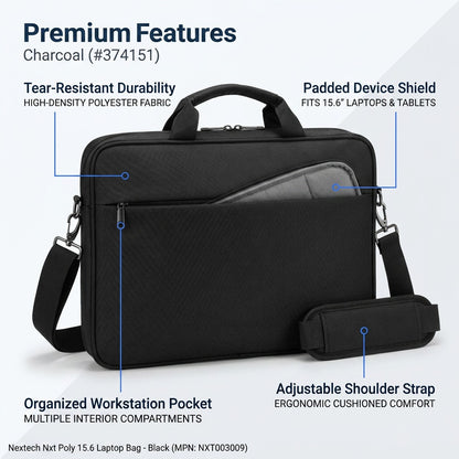 Nextech Nxt Poly 15.6 inch black laptop bag with callouts for tear-resistant fabric and padding.
