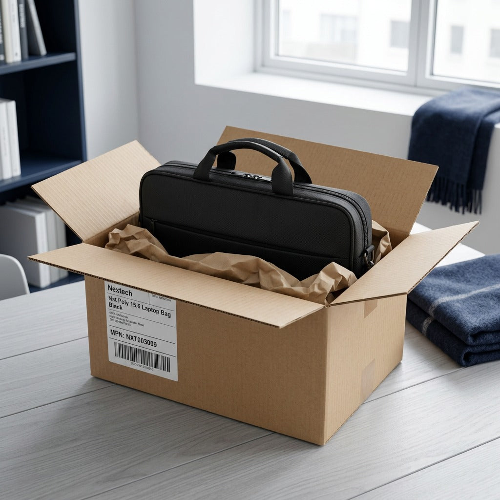 Black Nextech Nxt Poly 15.6 Laptop Bag securely packed in a cardboard shipping box with kraft paper.