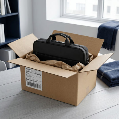 Black Nextech Nxt Poly 15.6 Laptop Bag securely packed in a cardboard shipping box with kraft paper.
