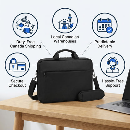 Nextech Nxt Poly 15.6 Laptop Bag on a desk with icons for shipping, delivery, and support.