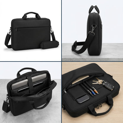 Four views of the black Nextech 15.6 Inch Nxt Poly Laptop Bag showing front, side, and organized interior pockets.