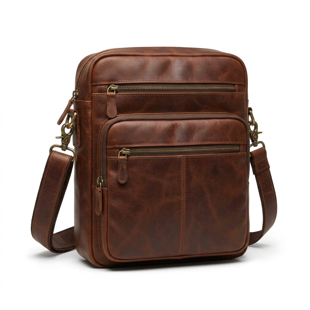 Brown top-grain Mancini leather unisex bag with brass hardware and multi-zip organizer pockets.