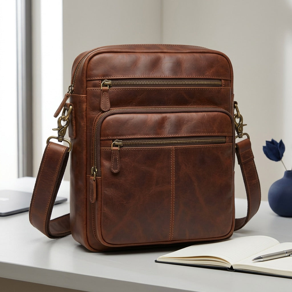 Brown Mancini leather unisex organizer bag on a desk next to a tablet and notebook for scale.