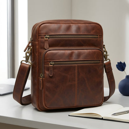 Brown Mancini leather unisex organizer bag on a desk next to a tablet and notebook for scale.