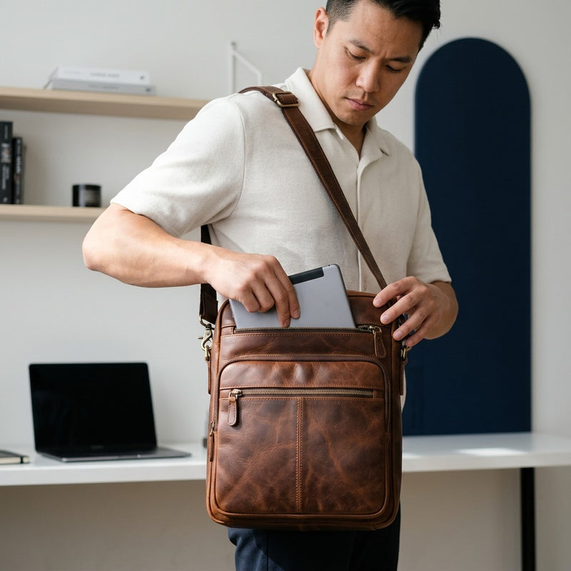 A person placing a tablet into a brown Mancini top-grain leather unisex crossbody organizer bag.