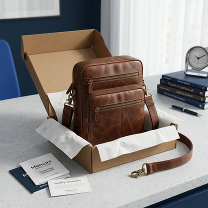 Brown Mancini leather unisex bag unboxed on a desk with tissue paper, showing zip rear organizer.