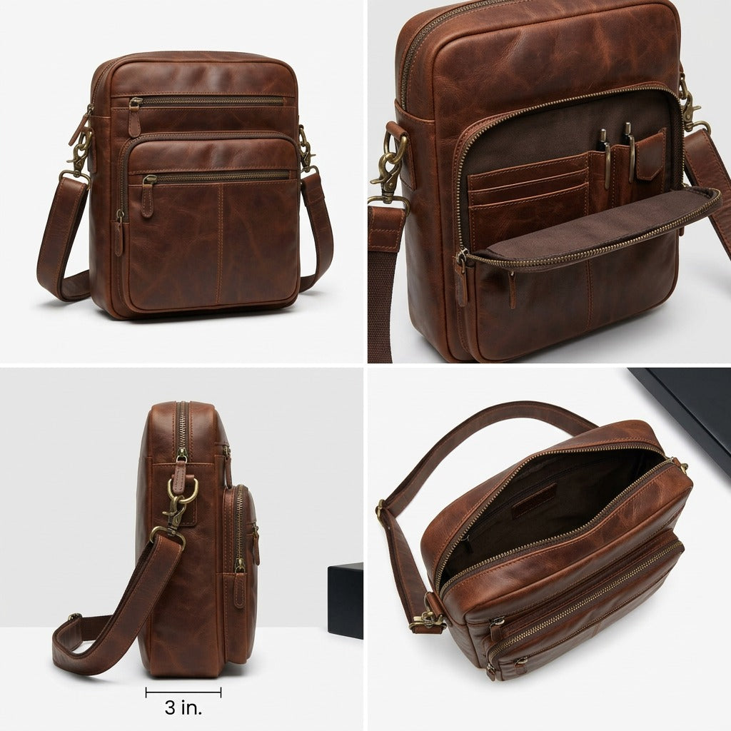 Matrix of brown Mancini Leather Bag views showing main compartment, rear organizer, and side profile.