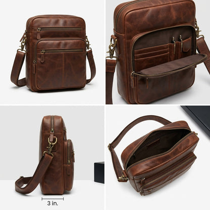 Matrix of brown Mancini Leather Bag views showing main compartment, rear organizer, and side profile.