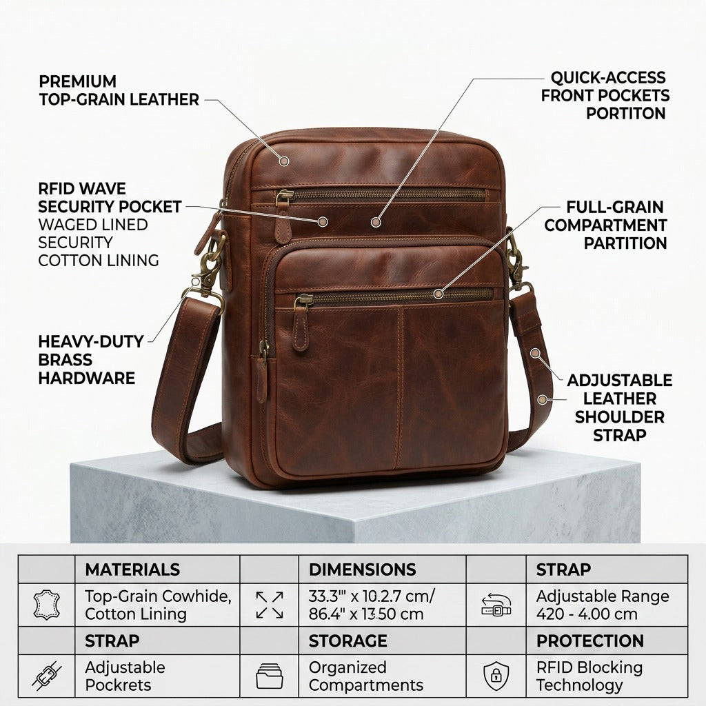 Brown Mancini leather bag feature diagram highlighting RFID pocket, brass hardware, and dimensions.