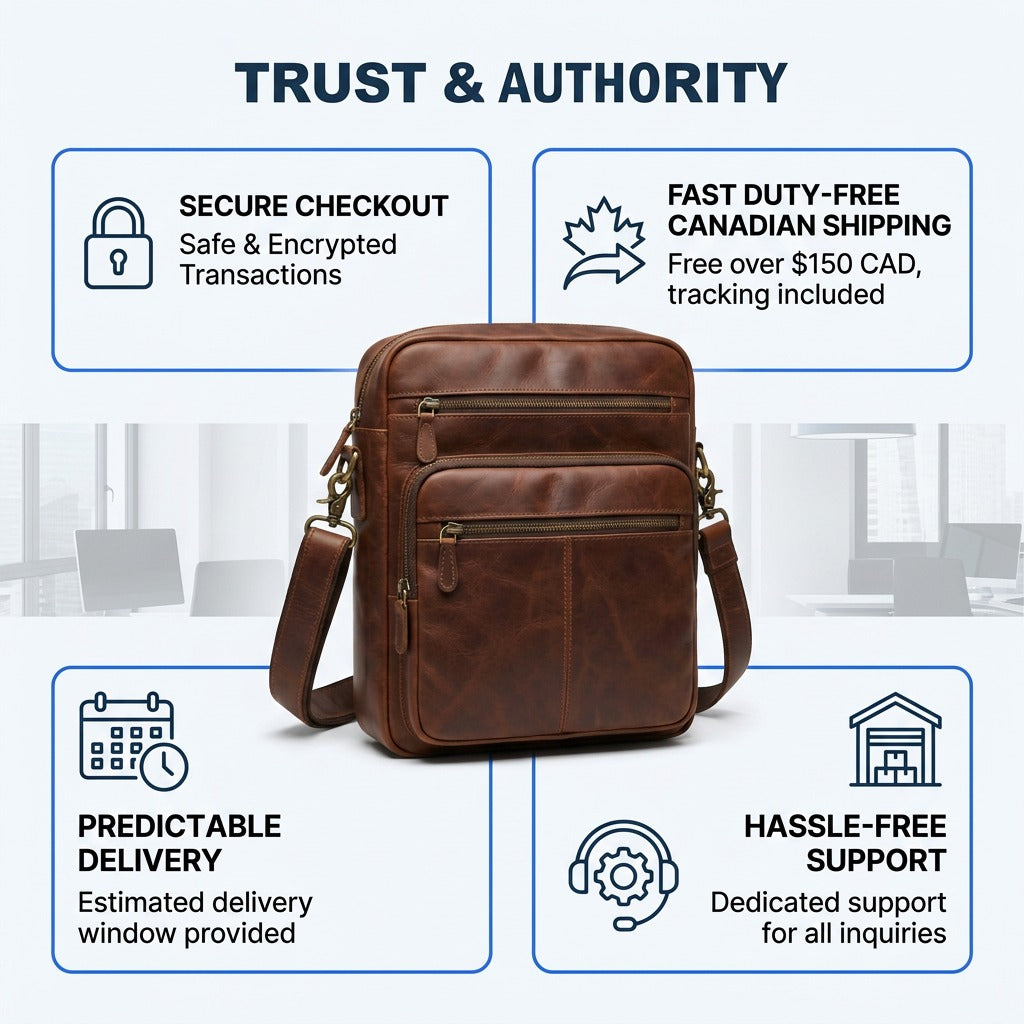 Brown leather Mancini organizer bag with service icons for secure checkout and Canadian shipping.