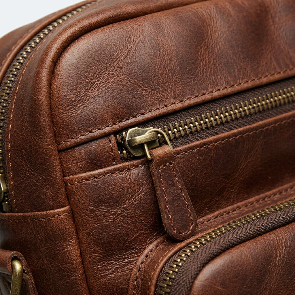 Macro detail of the Mancini brown top-grain leather bag showing a metal zipper and fine stitching.