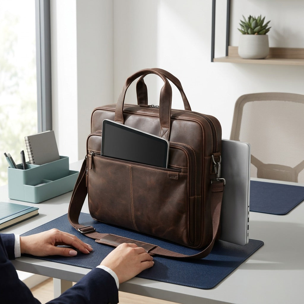 Mancini brown leather briefcase on a desk showing a tablet and a 15.6-inch laptop for scale.